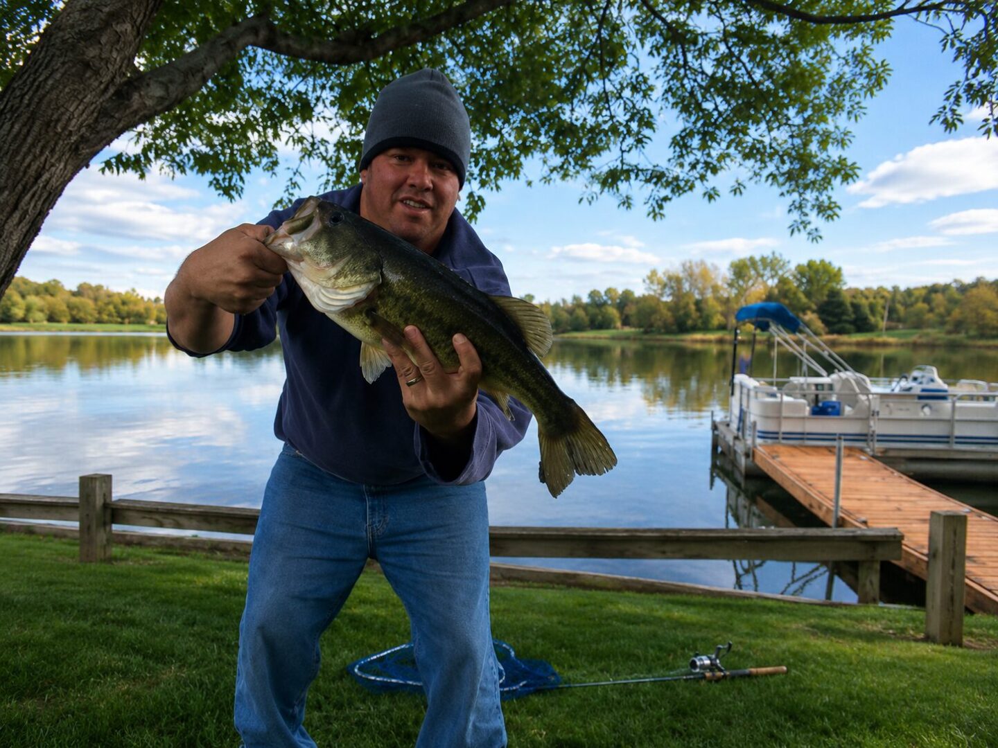 Man holding a fish by a lakeside.