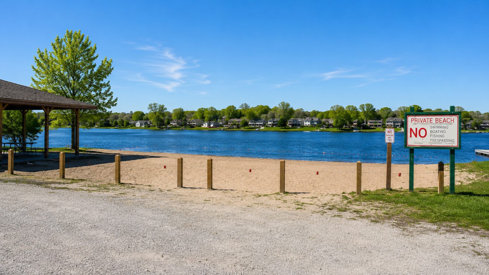 Private beach with lake and trees.