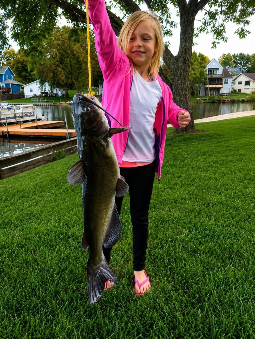 Girl holding a large fish by river.