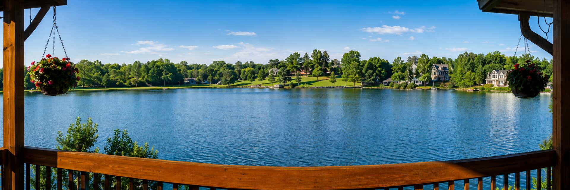 Scenic lake view from wooden deck.