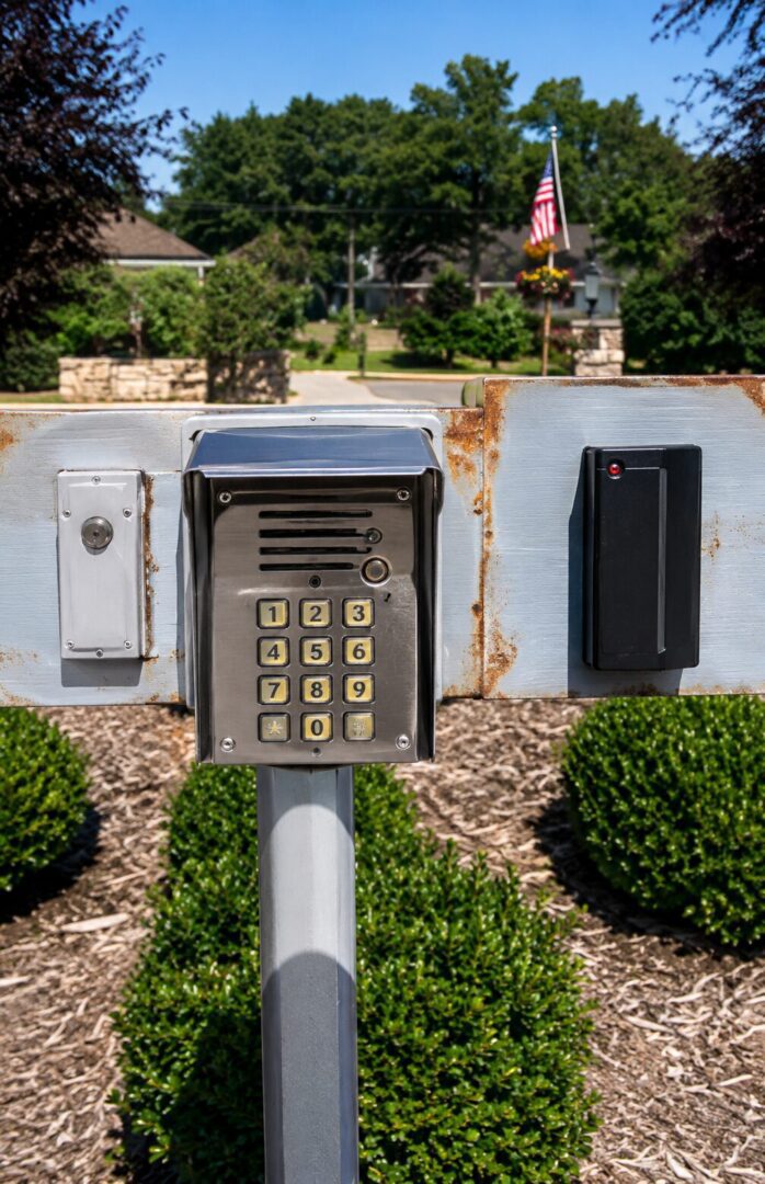 Keypad and card reader at entrance gate.